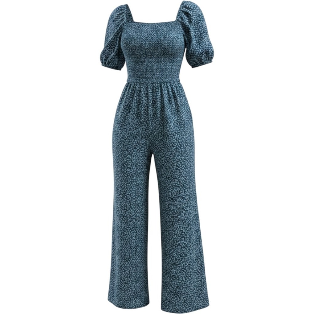 Dokotoo Womens Floral Smocked Puff Sleeve Wide Leg Jumpsuit Navy Blue Size M